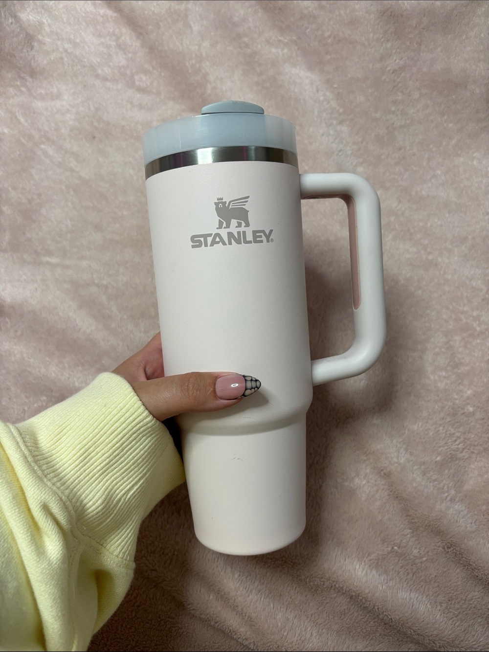 Stanley White Insulated Travel Mug with Handle and Silver Accent